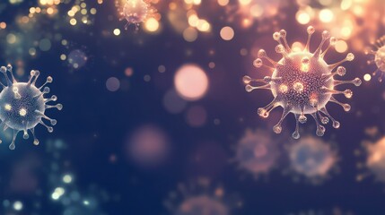 Obraz premium Virus-like structures floating against a dark gradient background with soft light reflections and glowing dots.