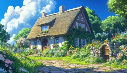 A charming cottage surrounded by vibrant flowers and lush greenery.