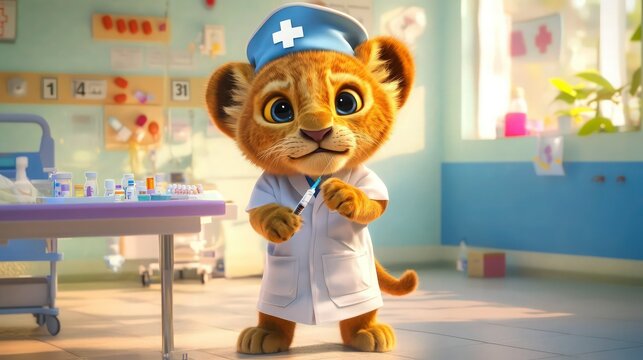 A lion cub in a nurse outfit with a hat, gently holding a syringe, standing near a hospital table with medication in a cheerful pediatric ward.