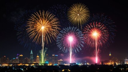 Obraz premium Vibrant fireworks display over a city skyline at night.
