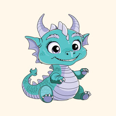 Cute Dragon Cartoon Kawaii Sticker. Character Vector Illustration