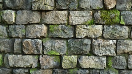 Fototapeta premium Stone brick wall with visible mortar and moss, realistic texture