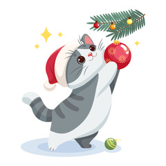 Vector illustration of a cute cartoon grey cat in a Santa hat decorating Christmas tree with a red Christmas tree ball 