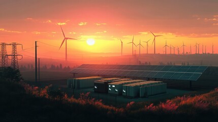 A high-tech battery energy storage system with wind turbines and solar panel power plants in the distance during a beautiful sunset.