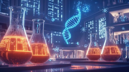 A high-tech laboratory with beakers filled with glowing liquids, a DNA helix of blue light, and floating molecular structures in the background.