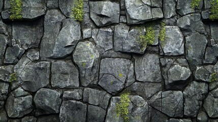 Obraz premium Crumbling stone wall with moss and deep cracks, realistic texture 