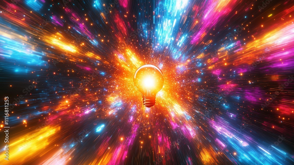 Poster illuminated lightbulb within a cosmic explosion of color