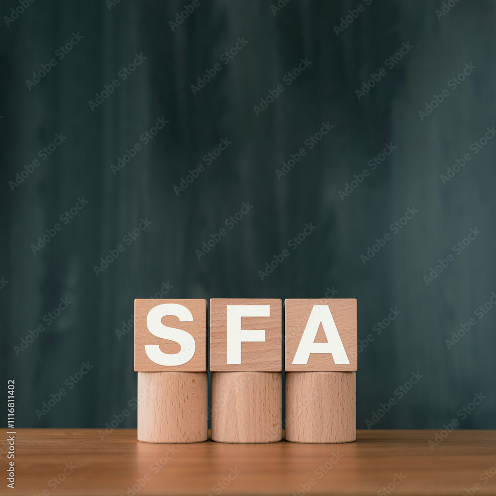 Poster there is wood cube with the word sfa. it is an abbreviation for sales force automation as eye-catchi