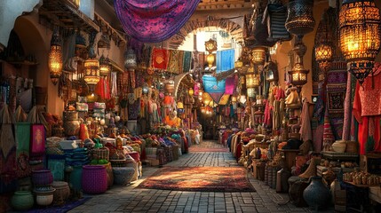 Vibrant market alley, textiles, lanterns, and pottery.