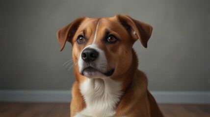 Close-up portrait of a brown and white dog with expressive eyes, looking attentively to the side against a neutral background.