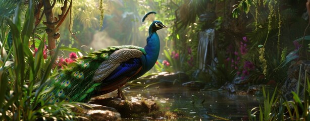 Obraz premium Portrait of beautiful peacock with feathers out