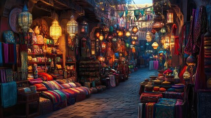 Obraz premium Illuminated market alley; vibrant textiles, hanging lanterns.