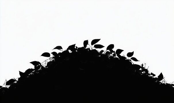 This dark silhouette of a compost heap with leaves is set against a pristine white background to illustrate eco-friendly gardening methods