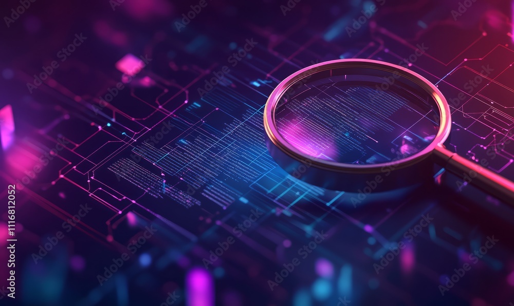 Poster the abstract technology environment depicted in this image features a magnifying glass, which is foc