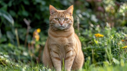 A focused orange cat sitting in a lush green garden surrounded by flowers.
