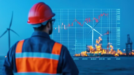 A worker in a safety helmet observes data trends on a digital graph, with wind turbines and an industrial site in the background.