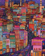 Fototapeta premium A vibrant cityscape filled with colorful buildings and winding streets.