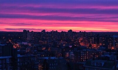 Obraz premium A vibrant city skyline at sunset with colorful clouds and lights.