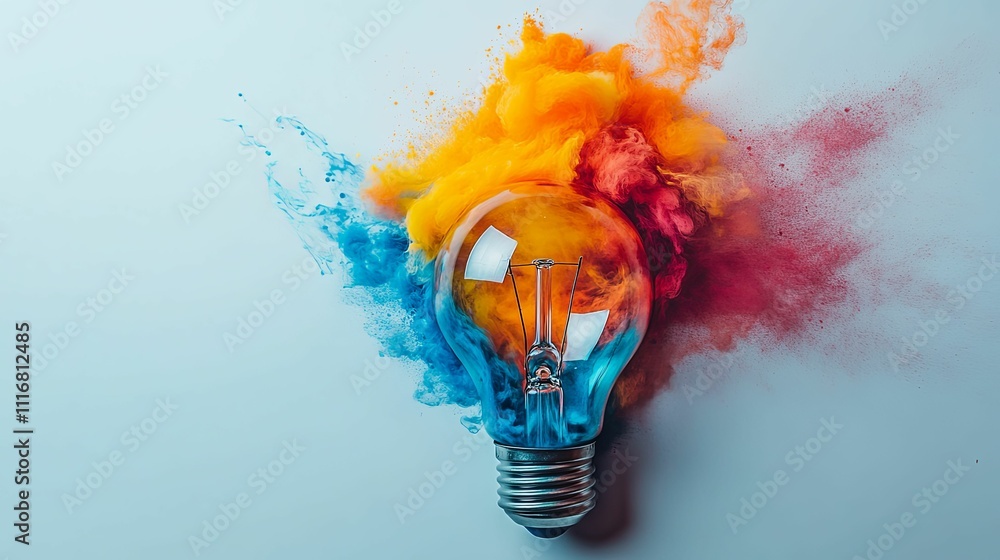 Poster colorful ink exploding around a lightbulb