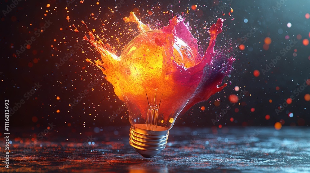Poster illuminated lightbulb exploding in vibrant color splashes