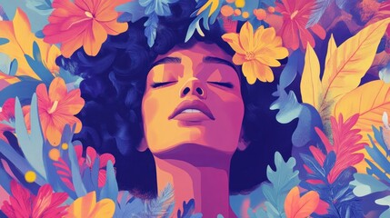 Naklejka premium Woman Surrounded by Vibrant Flowers: A Serene Digital Painting