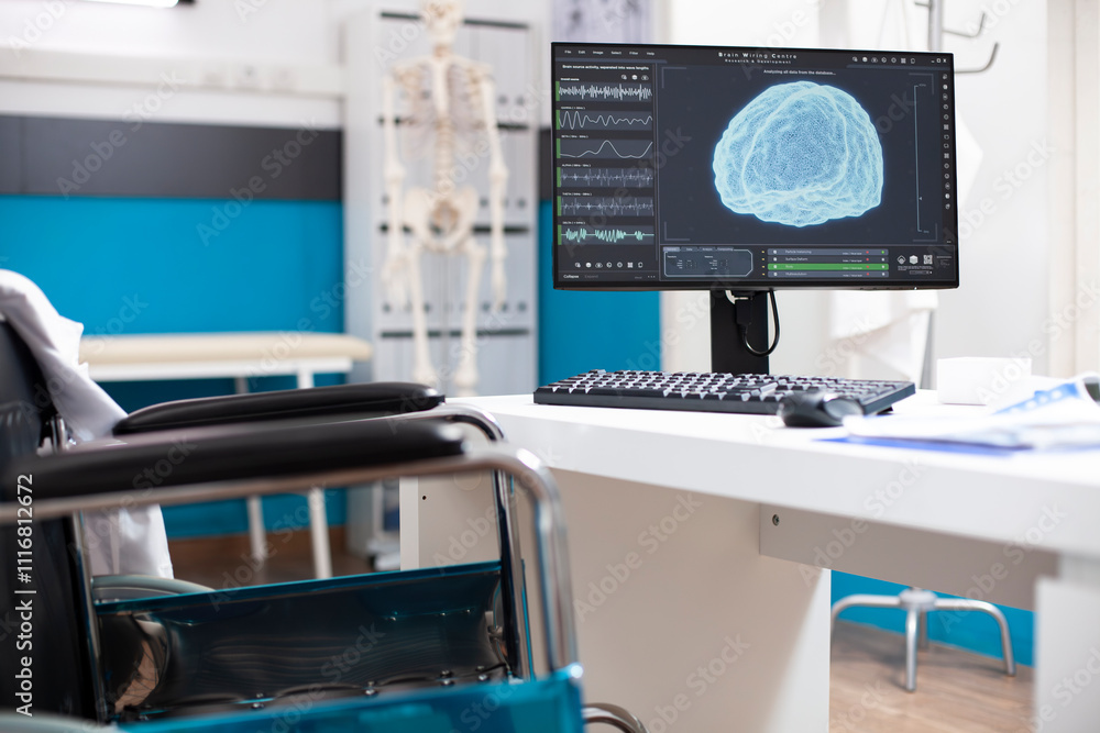 Poster empty clinic room has computer monitor showing detailed scan of the brain, emphasizing radiology tec