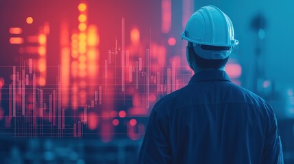 A worker in a hard hat observes an industrial site, with digital graphs overlaying the scene, symbolizing data-driven decision-making in engineering.