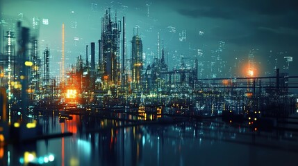 Fototapeta premium A futuristic city skyline at night, illuminated by bright lights, reflecting on water, showcasing advanced architecture and technology.