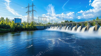 A serene view of a hydroelectric dam with cascading water, power lines, and lush greenery under a bright blue sky.