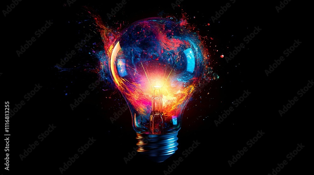 Poster a colorful lightbulb exploding with vivid paint