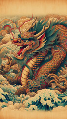 Obraz premium 墨絵、日本画、浮世絵／龍（ドラゴン） 