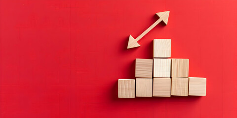 Red Background Illustration of Wooden Blocks Forming an Upward Trending Graph
