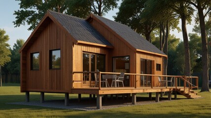 Modern wooden cabin home with deck in forest.