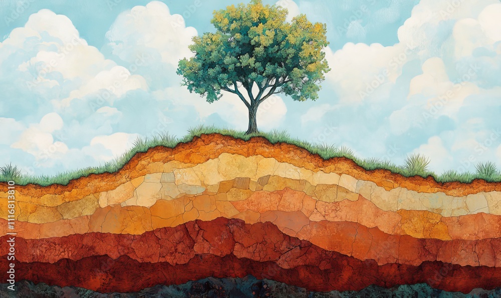 Poster the figure depicts a tree standing atop a soil cross-section, illustrating the layers of the soil an