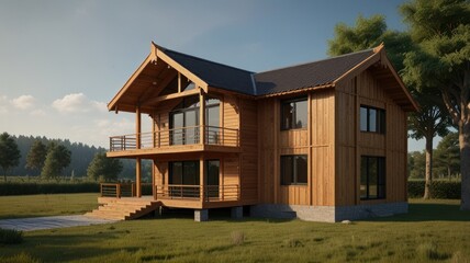Obraz premium Wooden house, two-story, balcony, large windows, green lawn.