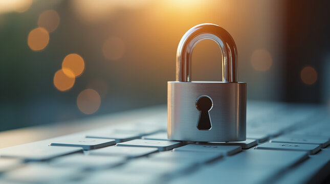 Digital security concept, padlock on a laptop keyboard, cyber security