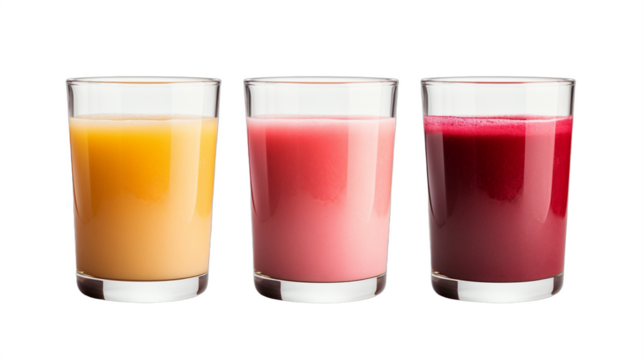 three glasses of colorful juice, isolated on white background, vibrant orange juice, creamy pink juice, dark red juice, arranged side by side, clear glass, minimalistic composition

