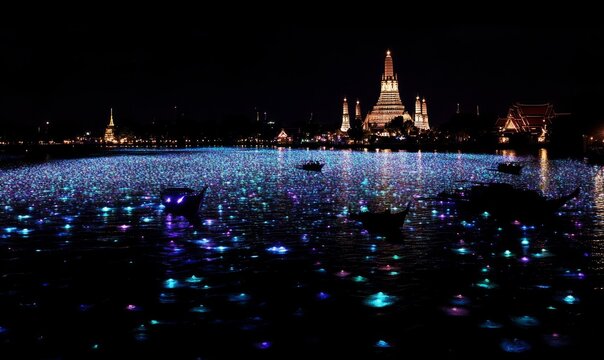 The illuminated Wat Arun temple and Chao Phraya River create a stunning nightscape in Thailand.