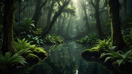 Obraz premium Sunlit stream in lush, mystical rainforest.
