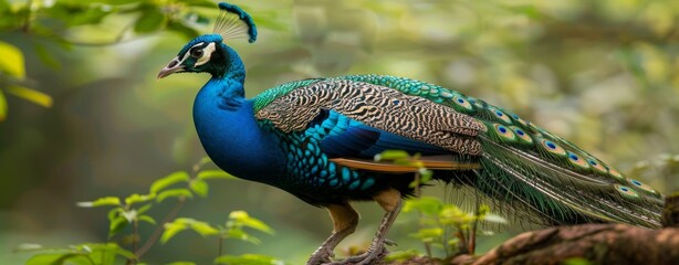 Naklejka premium Portrait of beautiful peacock with feathers out