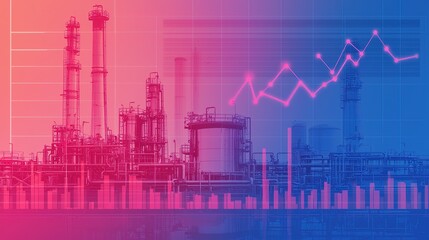 A vibrant industrial scene depicting a refinery with graph overlays, representing data analysis and economic trends in the energy sector.