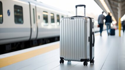 Modern silver suitcase on a bright train platform