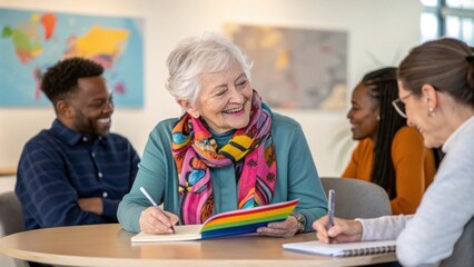 Obraz premium Surrounded by new colleagues an elderly woman with a vibrant scarf sits at a round table with a colorful notebook. Her pen moves quickly as she captures insights about teamwork and