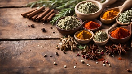 Aromatic spices and herbs arranged on rustic wooden surface.