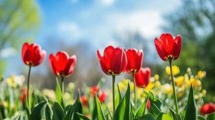 Obraz premium A vibrant field of red tulips against a bright blue sky.
