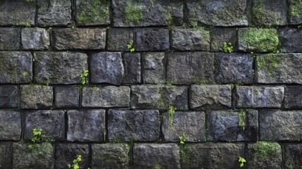 Fototapeta premium Stone brick wall with visible mortar and moss resting on it