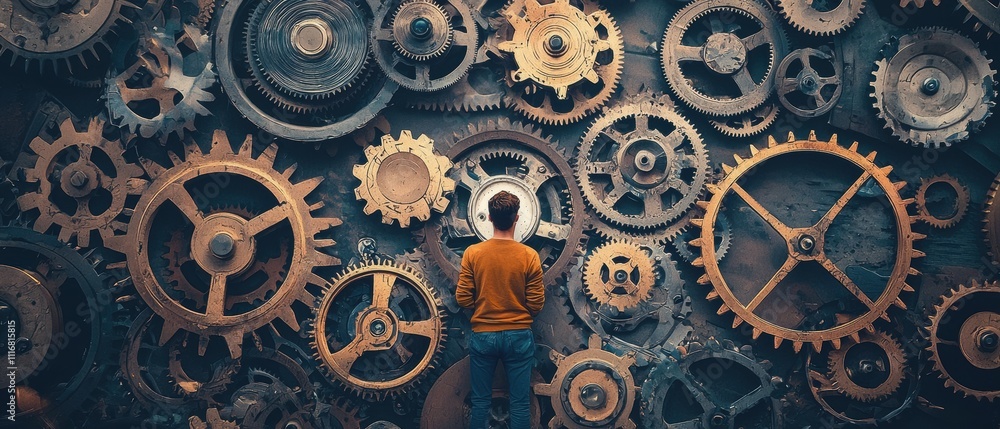 Poster intricate clockwork gears rotating around contemplative person in industrial setting