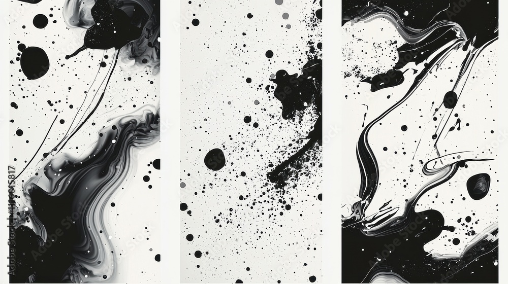 Aufkleber artistic perspective on dynamic black and white ink splash patterns in abstract studio