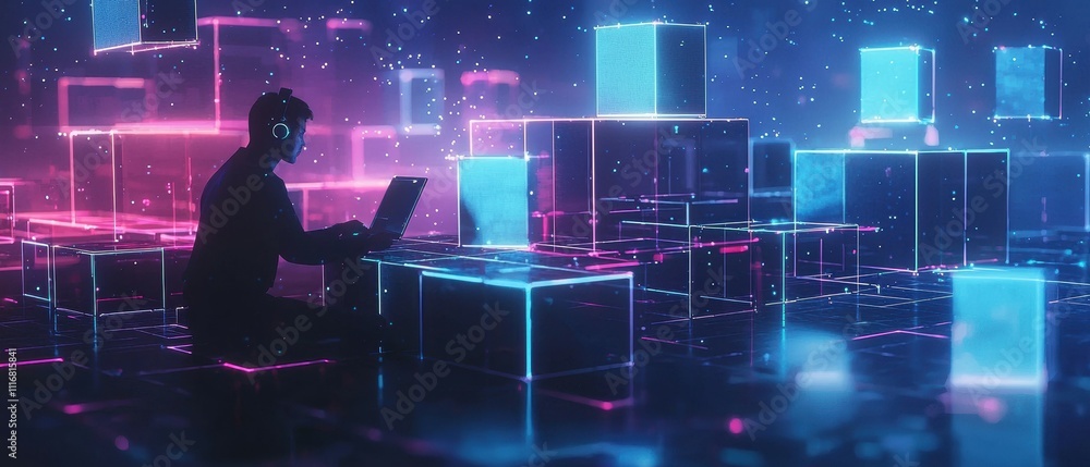 Poster futuristic minimalist cube patterns illuminating the digital tech workspace