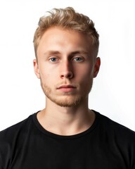 Fototapeta premium A portrait of a young man with a serious expression against a white background.